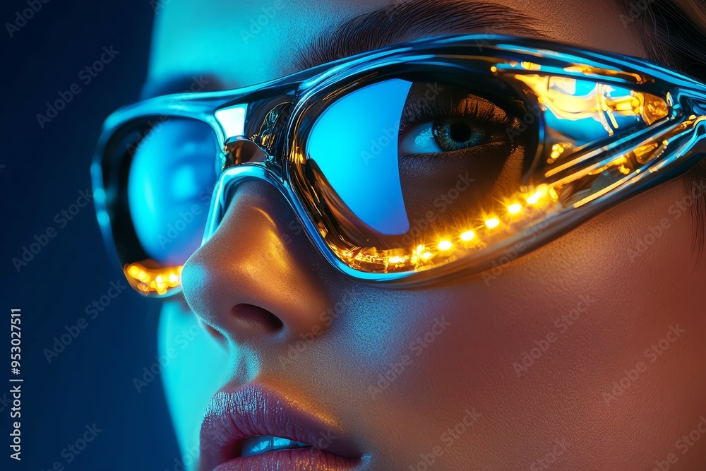 Poster piercing in a futuristic design with metallic finishes, illustrated in a scene where piercings are d