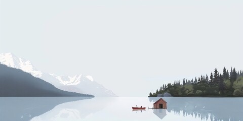 A serene mountain lake reflecting the surrounding snow-capped peaks and pine trees, with a small wooden cabin on the shore and a canoe floating nearby 