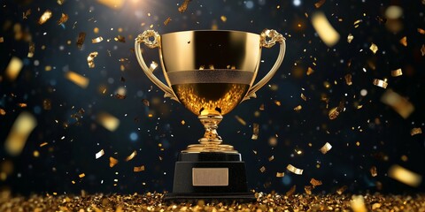 Golden trophy competition winner with streamers. Business champion and competition concept background. Generative AI