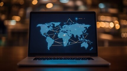 Illustrating global connectivity, this laptop features a world map with connecting lines for networking