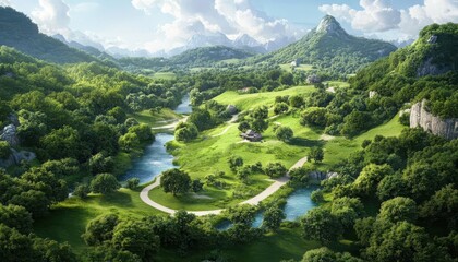 Scenic landscape featuring lush green hills, winding river, and picturesque mountains under a clear sky on a sunny day.