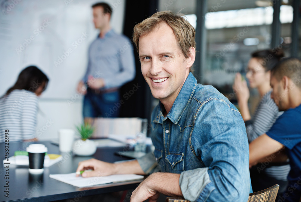 Poster happy, startup and man in presentation, portrait and project management for business in office. face