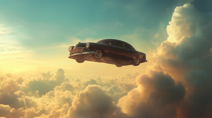 Classic Car Soaring Above Clouds"