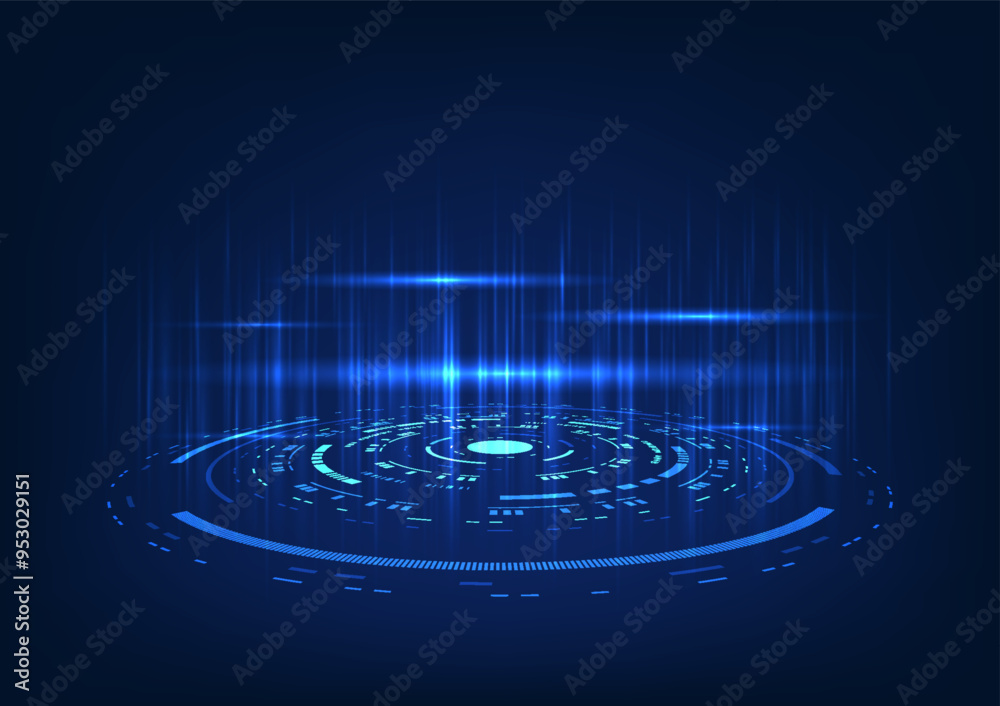 Poster technology background, technology circle light beam overlapping with technology circuit, represents 