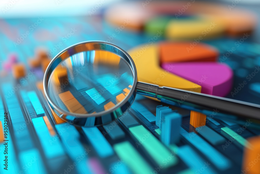 Poster close-up of magnifying glass analyzing colorful charts and graphs on a digital screen, representing 