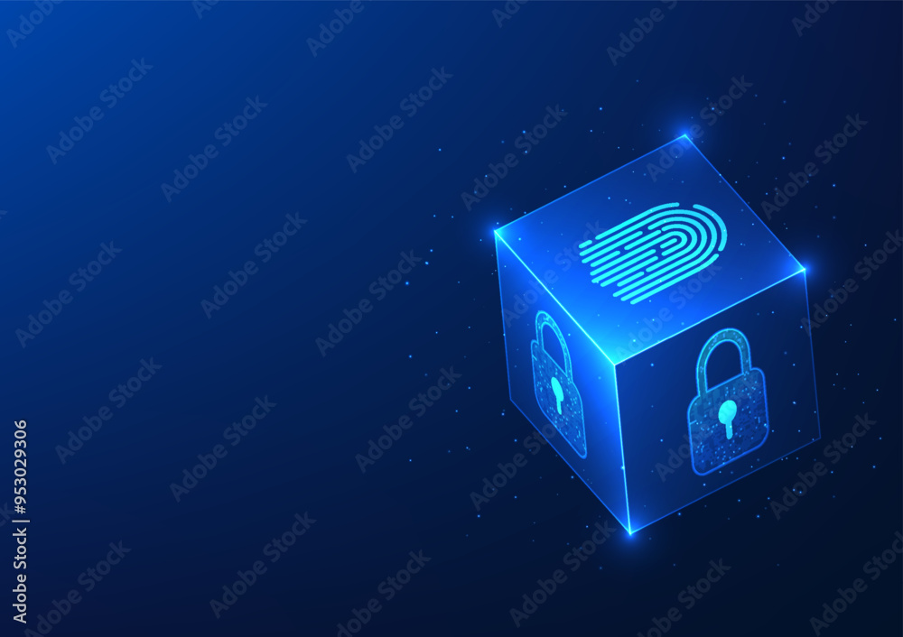 Fototapete data security technology cube box with lock and fingerprint scanner conveys the idea that access to 