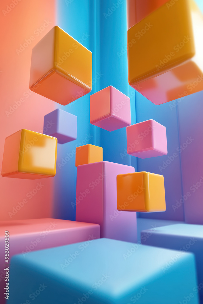 Poster floating colorful cubes creating a vibrant and modern abstract background with a gradient effect in 