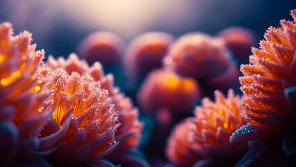 Obraz premium Pink Bloom in the Light: A delicate field of glowing pink flowers basks in the golden light of the setting sun, creating a whimsical and ethereal atmosphere. 