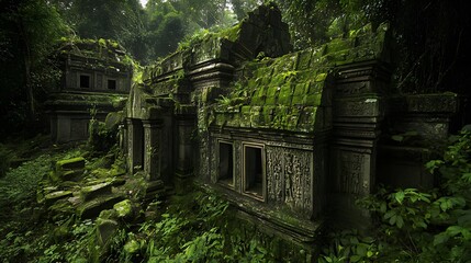 Ancient jungle ruin hidden among thick vines and moss-covered stones intricate carvings adorn weathered structures surrounded by dense greenery