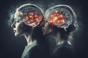 Naklejka premium Dramatic profile of a couple with glowing neural connections symbolizing the intensity and depth of intellectual and emotional bonds