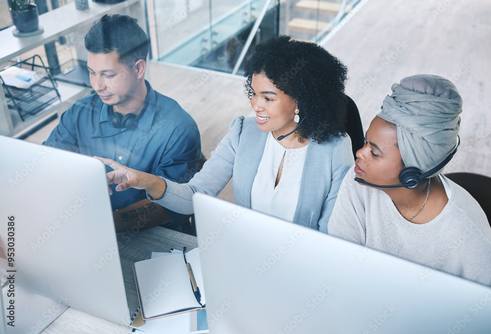 Poster People, intern and team leader with smile at call center with training for customer service. Office, employees and above on computer with document for telemarketing, consultation and internship
