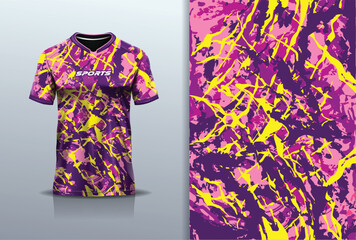 Sport jersey template mockup texture rustic grunge abstract design for football soccer, racing, running, e sports, purple yellow color © Nimpuna O