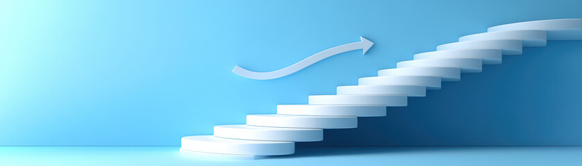 Obraz premium A digitally created image showing a series of white steps ascending against a blue background with an arrow indicating upward movement.