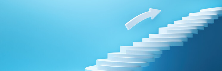 Obraz premium White spiral staircase leading upwards with arrow on a blue background, symbolizing growth, progress, and upward mobility.