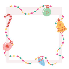 christmas frame with christmas balls and bell. Christmas greeting cards. Happy holidays frame.