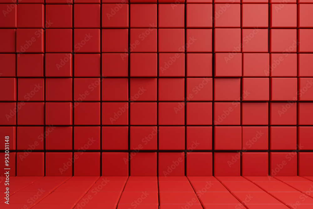 Poster red cubes forming a geometric wall. minimalist design with repeated cube patterns creating a modern 
