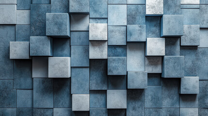 Abstract  geometric pattern with blue and gray cubic shapes forming a modern textured background. Ideal for artistic, architectural, or design projects.