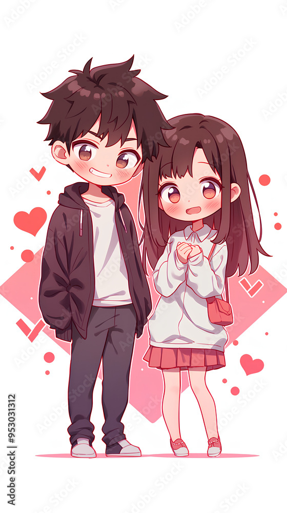 Poster chibi anime style dating couple. cute anime. vertical love icon background