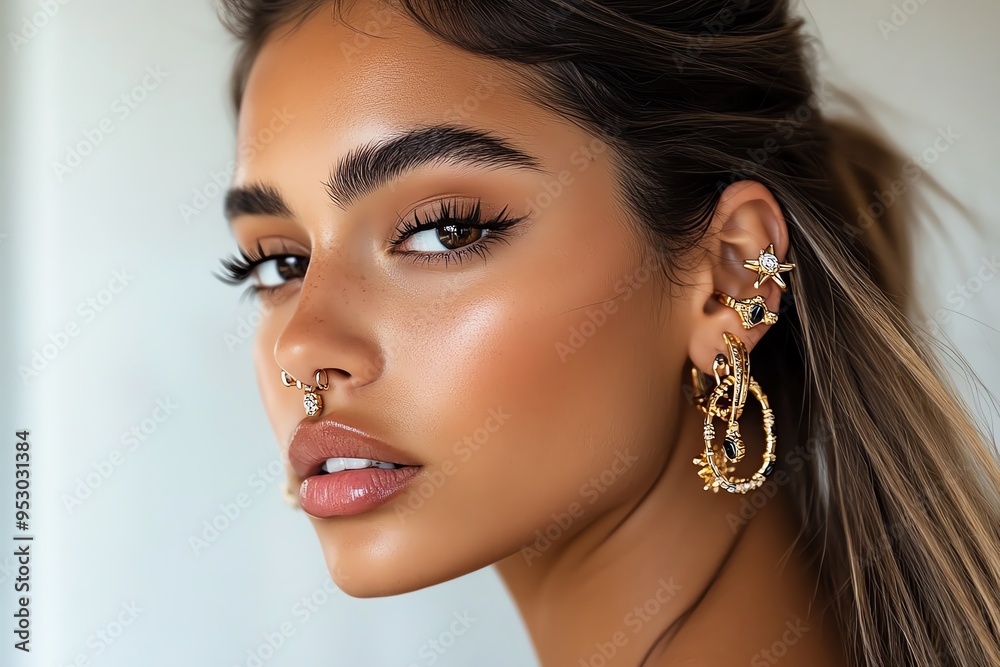 Poster Stylish ear piercings with multiple studs and hoops, depicted in an artwork where an ear is adorned with various studs, hoops, and cuffs in different metals, creating a layered and trendy look