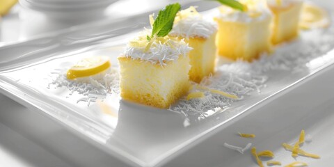 Lemon and coconut-flaked biscuit treat served alongside neatly arranged slices of vanilla cake on a clean white plate.