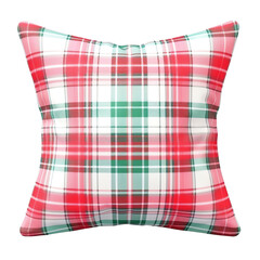 Colorful plaid patterned cushion with red, green, and white hues, perfect for adding a touch of comfort and style to any home decor.