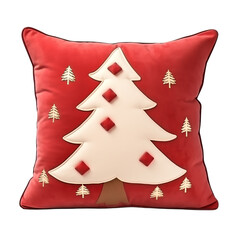 Festive red Christmas pillow with tree design. Perfect for holiday decor, cozy and stylish addition to home. Enhances holiday spirit.