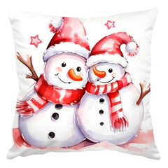Fototapeta premium Festive holiday pillow with cheerful snowmen in Santa hats and scarves, perfect for adding holiday spirit to your home decor.