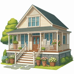 Illustrate a cozy farmhouse with a wide porch.