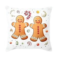 Naklejka premium Festive Christmas pillow with gingerbread man design and holiday decorations. Perfect for holiday home decor.