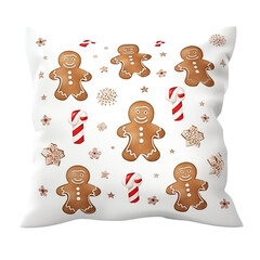 Naklejka premium Festive pillow with gingerbread man, candy cane, snowflake pattern. Perfect for holiday, Christmas, and winter decor.