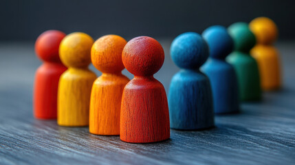 Colorful wooden figurines in line on a dark wooden surface, symbolizing diversity, unity, and teamwork concept. Vibrant figures, inclusive representation.