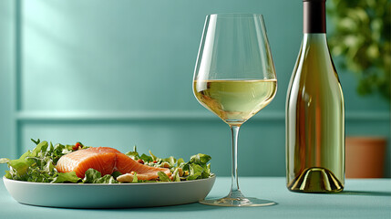 A glass of white wine and a bottle on the table with a salmon salad in a modern kitchen, against a light blue background