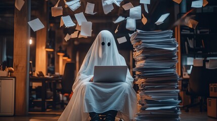 Overworked Mummy Struggling with Endless Paperwork at Night, Halloween Office Scene, Generative AI