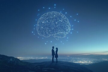 Conceptual silhouette of a couple with glowing neural networks symbolizing the connection of intellect and emotion in a futuristic celestial setting