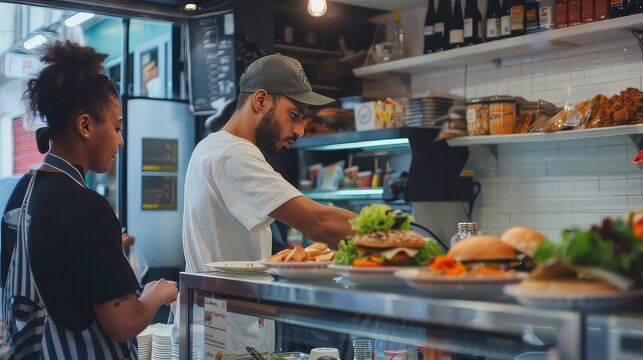 A man wearing a baseball cap and white T-shirt stands behind a glass counter in a cafe, preparing a burger. A woman in a striped top looks on. - Powered by Adobe