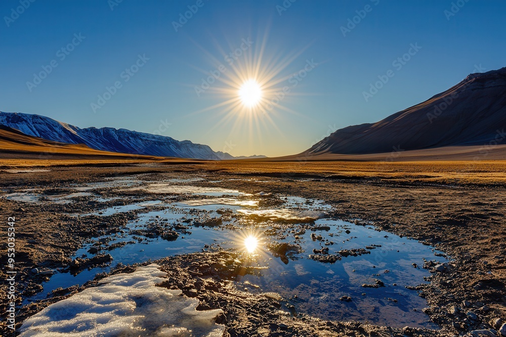 Aufkleber melted glaciers create shimmering reflections in pools, showcasing the impact of rising temperatures