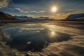 Melting glaciers in the Arctic reveal the stark impact of climate change beneath a setting sun over barren desert terrain. Generative AI