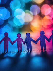 Paper people of different colors holding hands on a blurred background with bokeh lights