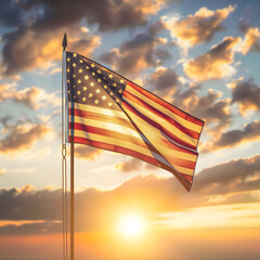 Obraz premium American flag waving proudly in the wind, illuminated by the golden light of the setting sun, creating a powerful symbol of freedom and patriotism