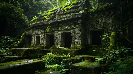 Mysterious ruin deep in the jungle with moss-covered stones and vines creeping over ancient carvings surrounded by lush green vegetation