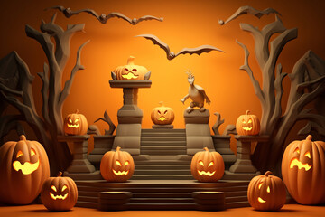 3D Halloween Pumpkin Podium Stand on Orange Background