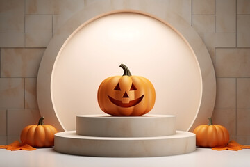 3D Halloween Pumpkin Podium Stand on Orange Background