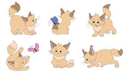 beige cute sand cat. Set of vector illustrations in cartoon style