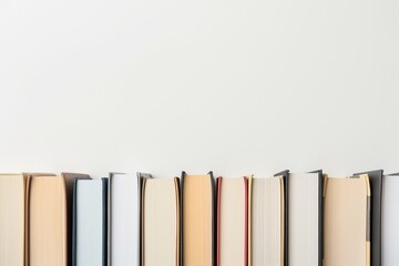 row of hardcover books on white background flat lay