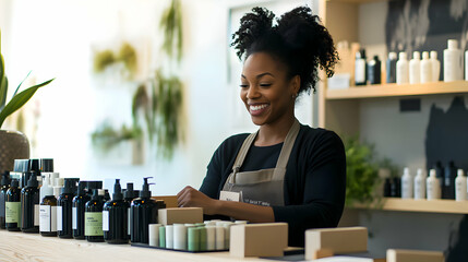 A black woman standing behind the counter of a stylish boutique, organizing products and smiling as she helps a customer
