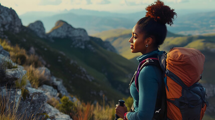 A black woman wearing hiking gear, confidently trekking up a mountain trail with a breathtaking view of the surrounding peaks and valleys