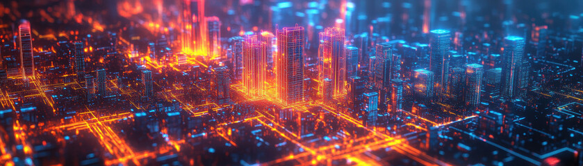 Futuristic cityscape with glowing neon lights and digital grids, showcasing advanced technology and modern urban development at night.