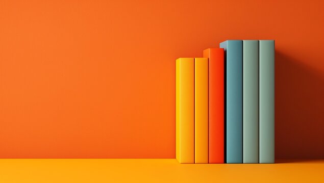 Books of different colors on an orange background 