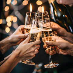 Friends holding and clinking glasses of champagne with burning sparklers at party