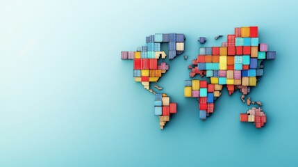 Obraz premium Colorful shipping containers form world map, symbolizing global trade and commerce. This vibrant representation highlights dynamics of import and export activities.